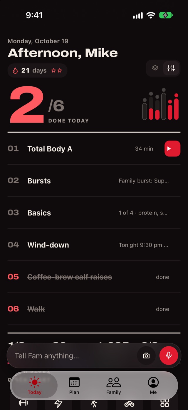 FamPace Today screen in Detailed view