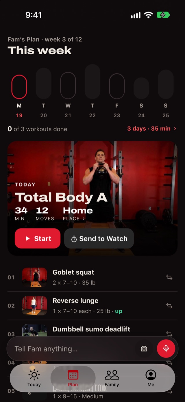FamPace weekly plan with Send to Watch